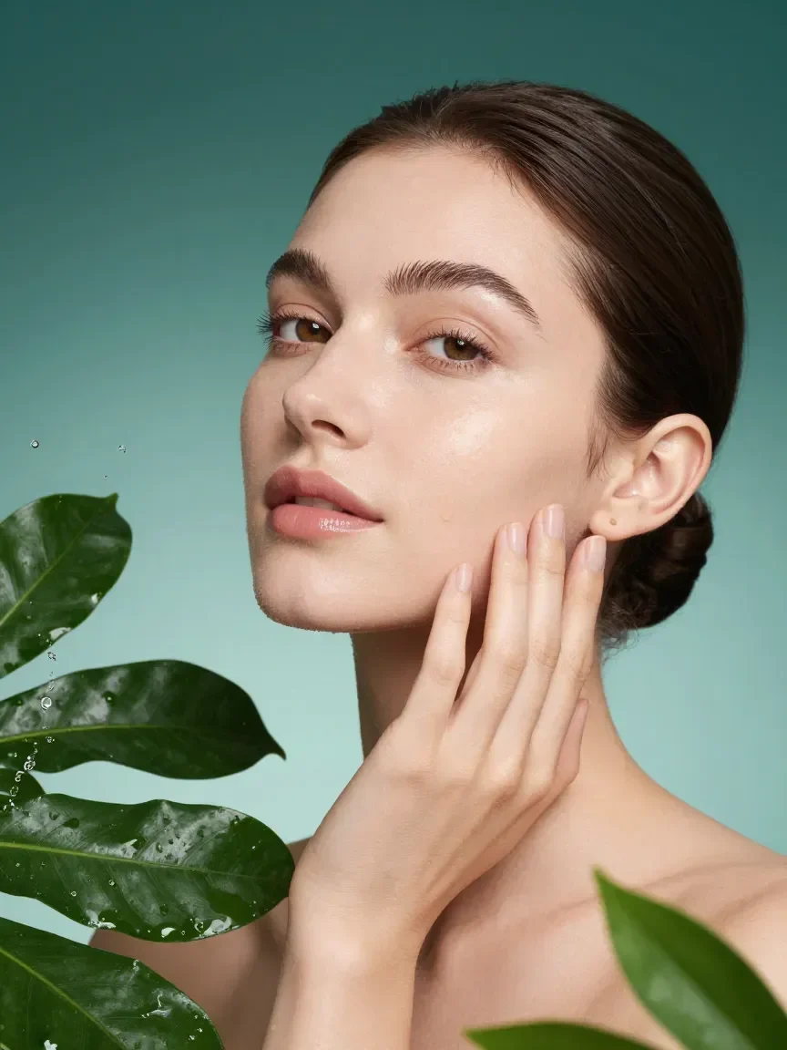 Woman with radiant, glowing skin framed by fresh green leaves and water droplets